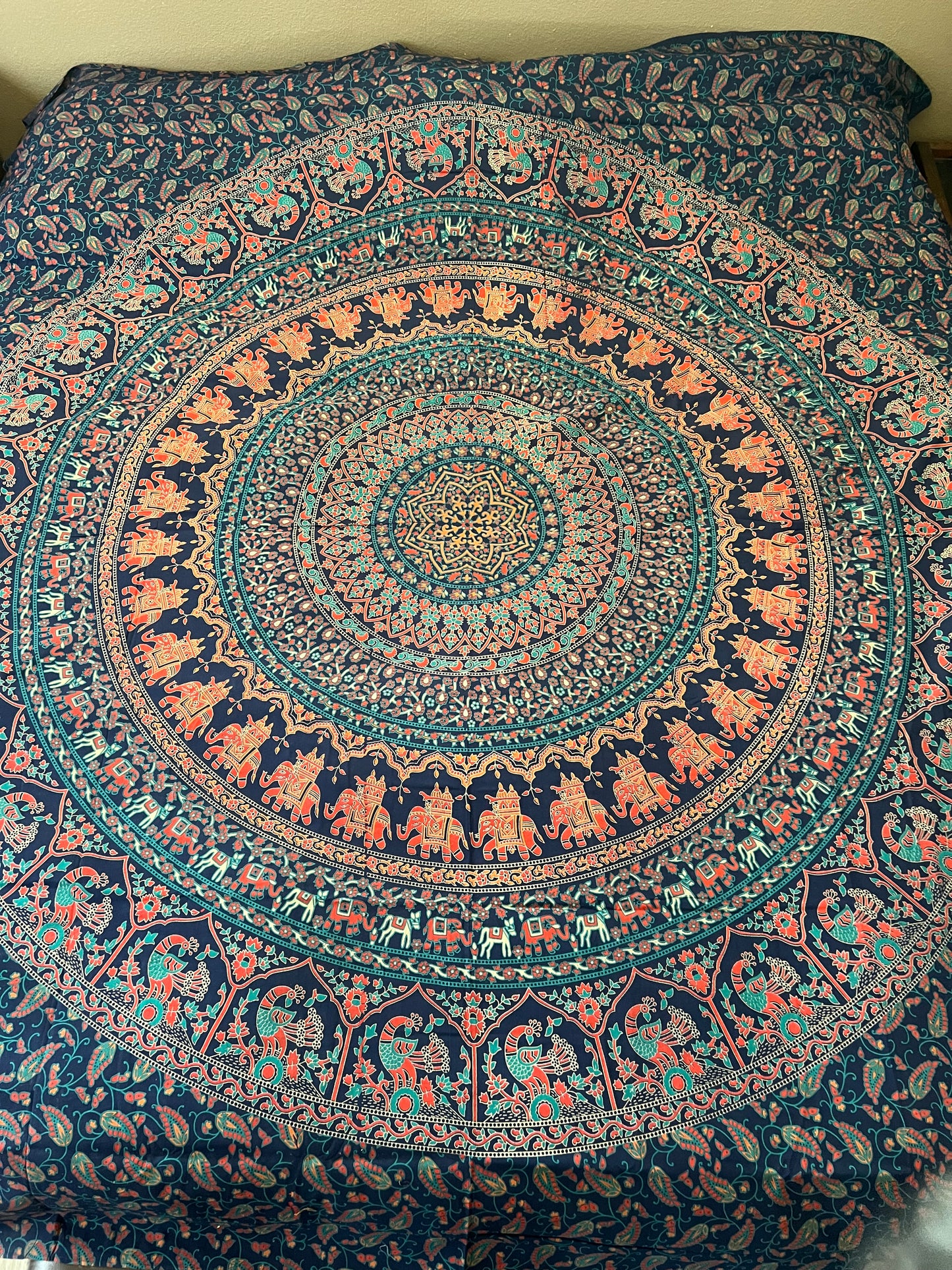 Blue peacock & elephant tapestry